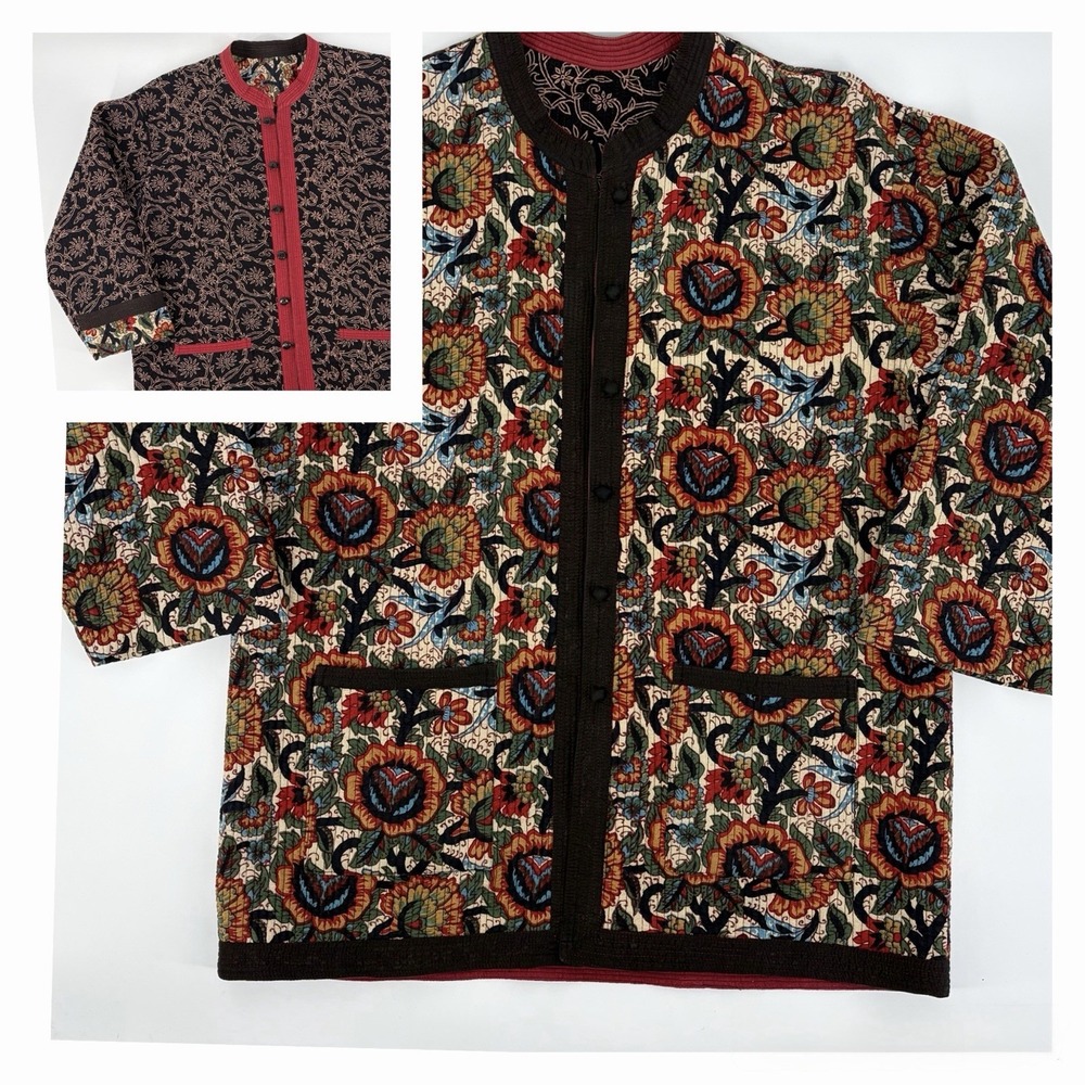 Reversible Quilted Jacket XL Floral Botanical Boho Chore Coat Asian Art to Wear - Picture 4 of 16